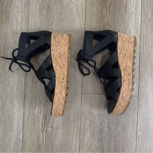 NWOB Sorel Cameron Platform Lace Wedge Sandals Leather Women's Size 9 Black - Picture 4 of 12